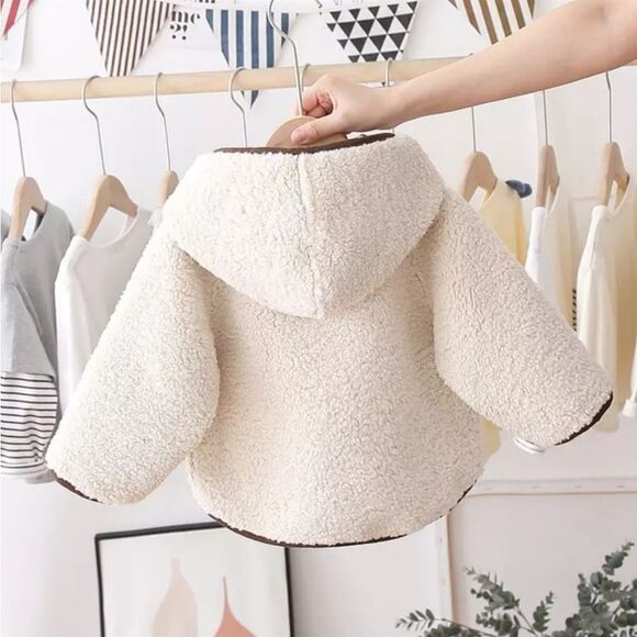 Sherpa Ivory Hooded Button Girls Reversible Coat - Picture 2 of 7